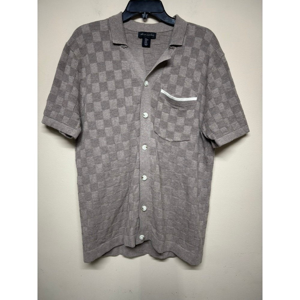 Art of‎ Rhetoric Knit Button Polo Shirt Mens Medium Taupe Check Texture